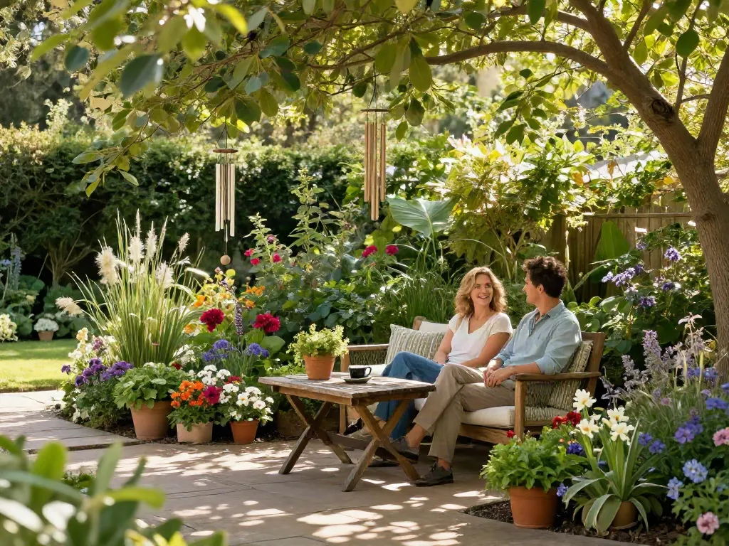 Inviting Charles Taylor garden seating set amidst vibrant flowers, perfect for outdoor relaxation.